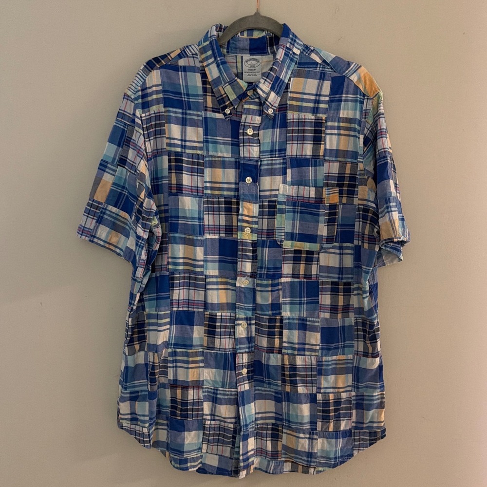 Brooks Brothers Regent Mens L Patchwork Madras Plaid Short Sleeve Button Shirt